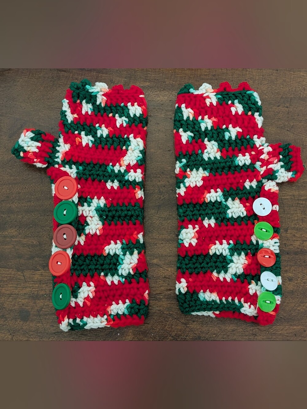 Grandma Farrey's Handmade Crocheted Fingerless Mittens In Red, White and Green